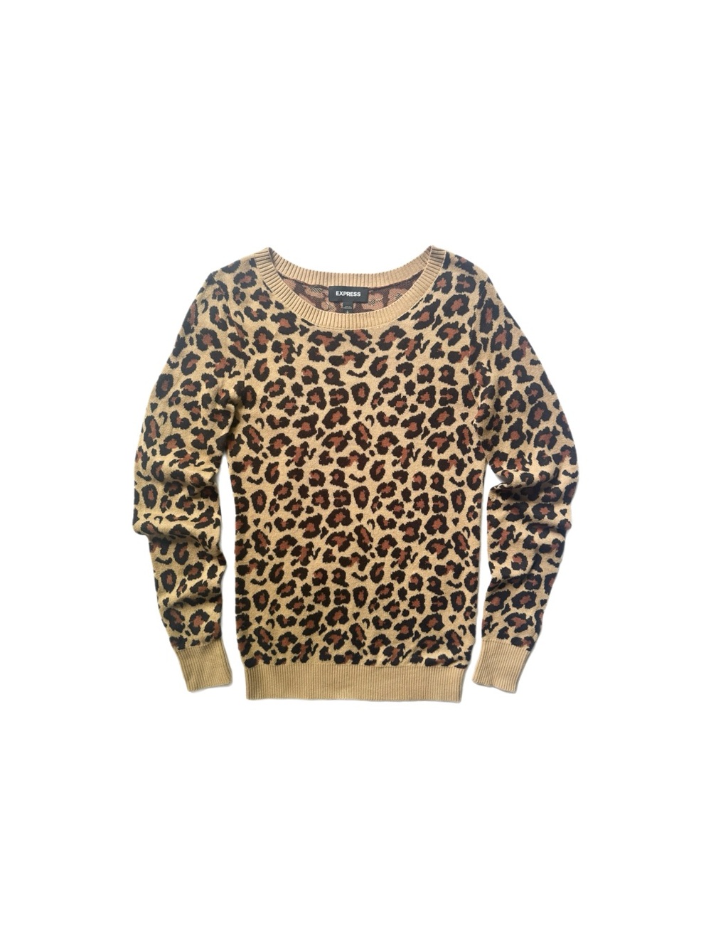 Express Leopard Print Fitted Crew Neck Knit Pullover Sweater